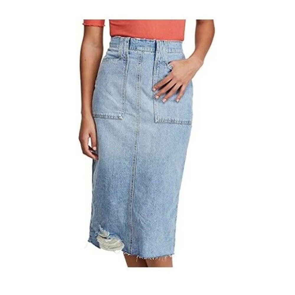 Free People Fray-Hem Pencil Straight Denim Skirt